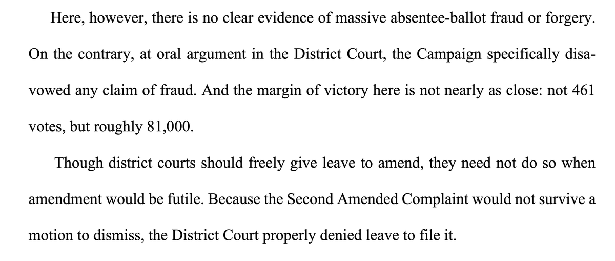 ...& just to make sure that Trump/Giuliani get the message: The Trump-appointed judge says Biden won by *so many votes* this case is not like close ones (such as Bush v Gore.) The 2nd complaint, if filed, would not survive a motion to dismiss, the Trump-appointed judge says.../8