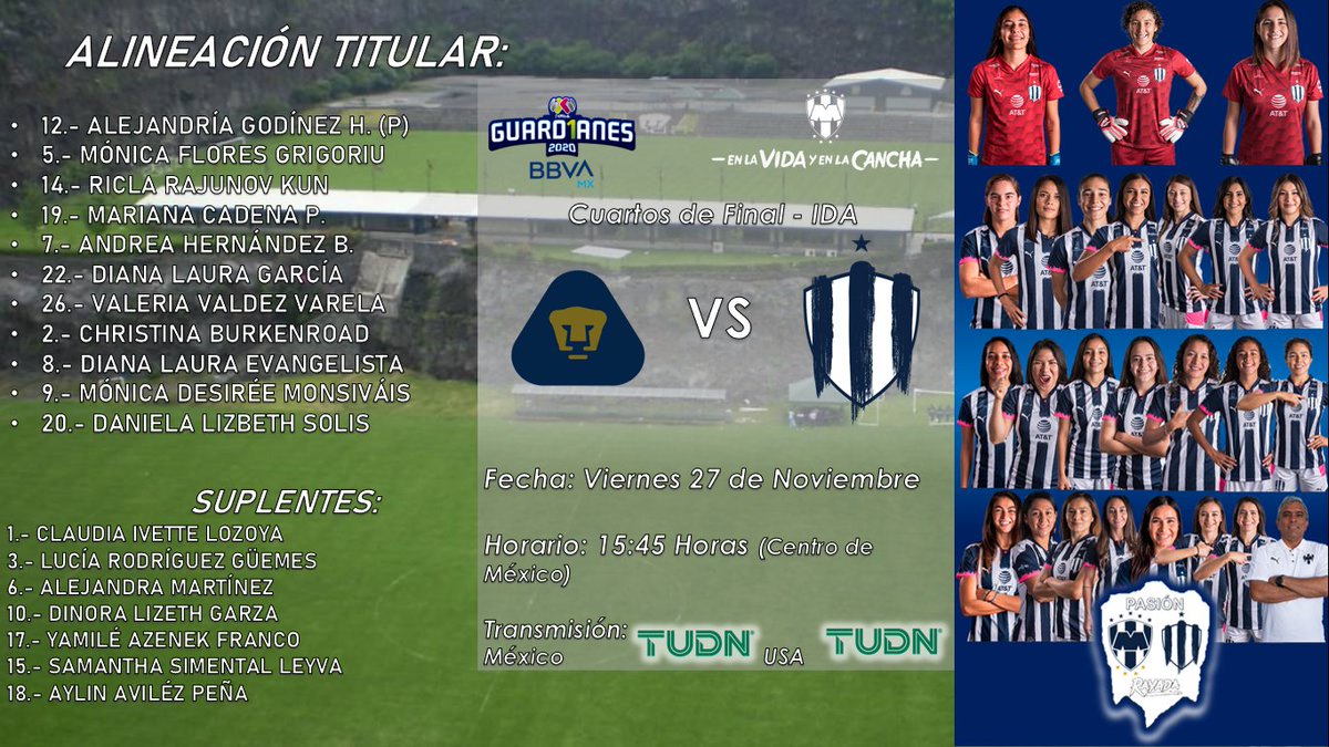 | #4tosDeFinal de Ida del #Guard1anes2020 Femenil: #Pumas vs #Monterrey Femenil | Esta es la alineación con la que buscaremos partir con ventaja en la ida de los cuartos ante las capitalinas.
🏆#RayadasPorElBiCampeonato🏆
🎀🔵#VamosRayadas⚪️🎀 https://t.co/S7BVfDw3yI