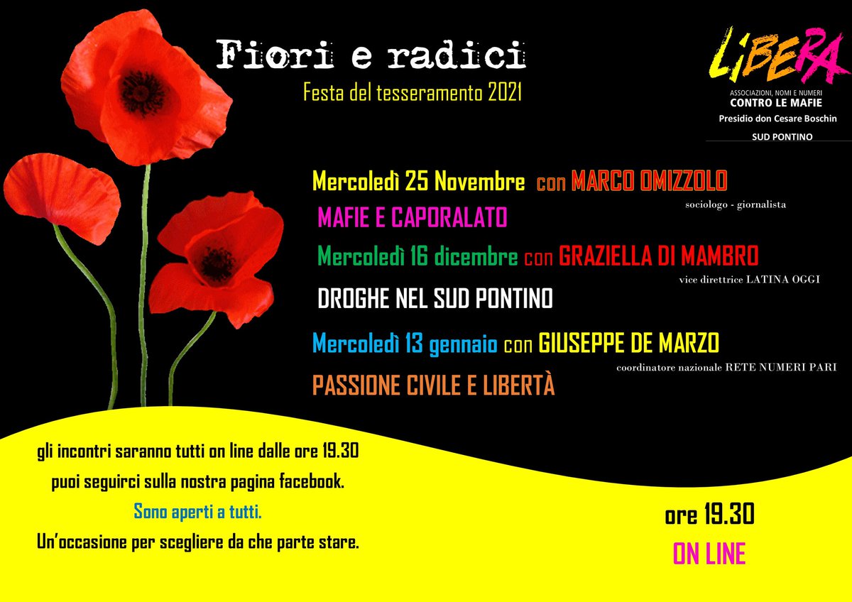 LiberaSudPontin's tweet photo. FIORI E RADICI - TESSERAMENTO 2021
Vi proponiamo la locandina con i prossimi appuntamenti in diretta sulla nostra pagina. Prendete nota!
https://t.co/sbJbOQ0stN
#fiorieradici #tesseramento2021 #liberasudpontino #presidiodoncesareboschin
https://t.co/7nOOC6Er7R https://t.co/dqJWzrJhty
