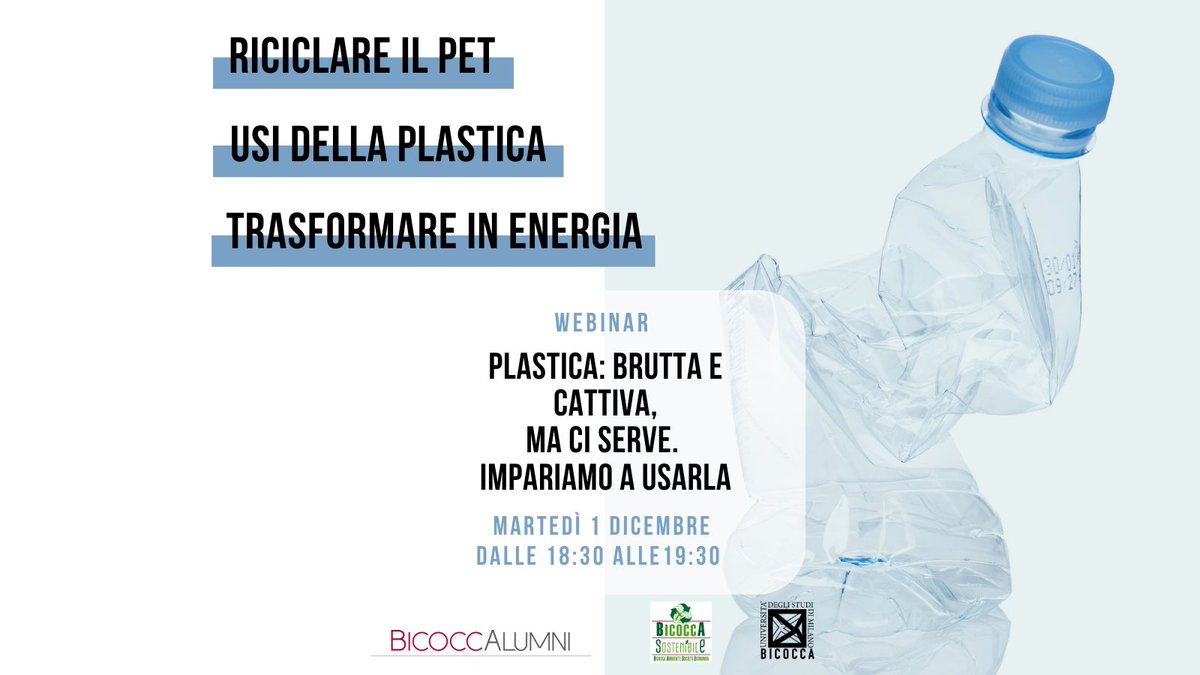 BicoccAlumni's tweet photo. Come viene #riciclata o trasformata in energia la plastica? Con quali vantaggi e svantaggi? ♻️
Per scoprirlo 👉🏻 martedì 1 dicembre alle 18:30 partecipa al #webinar ‘’Plastica: brutta e cattiva, ma ci serve. Impariamo a usarla’’!
Iscriviti al link 📍https://t.co/3M3rWJ1rD0 https://t.co/IBRCPDH4w8