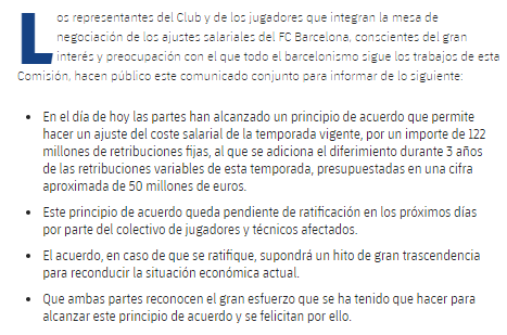 El Barcelona ha pactado una rebaja salarial de 172Millones de euros con los jugadores