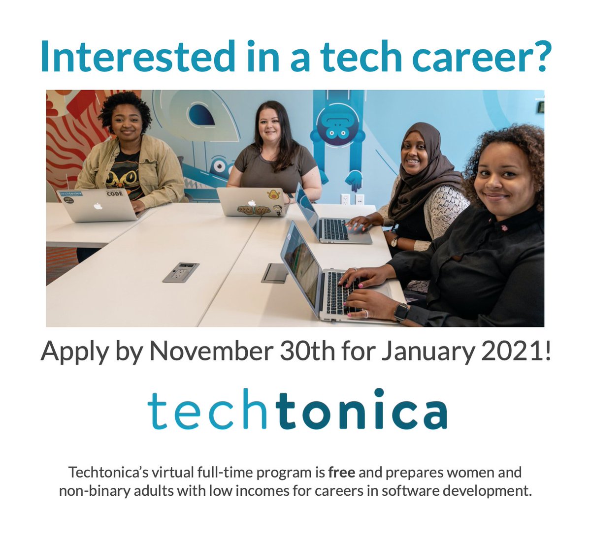 Our next software engineering training—for non-binary adults with low incomes &amp; mostly BIPOC—is open to U.S. candidates and will be virtual. Applications (with a 6-hour JavaScript pre-req) close Monday at noon PST! techtonica.org/full-time-prog… Please apply or share. #BridgeTheTechGap