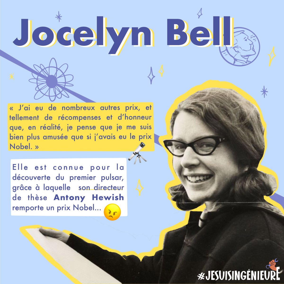 ✨ Ce soir on se retrouve pour présenter une grande femme scientifique : Jocelyn Bell. Astrophysicienne 🔭, son histoire illustre parfaitement l’effet Matilda 🧠🧒
Son portrait est disponible en entier sur notre site ! 💻

jesuisingenieure.wixsite.com/projet/jocelyn…