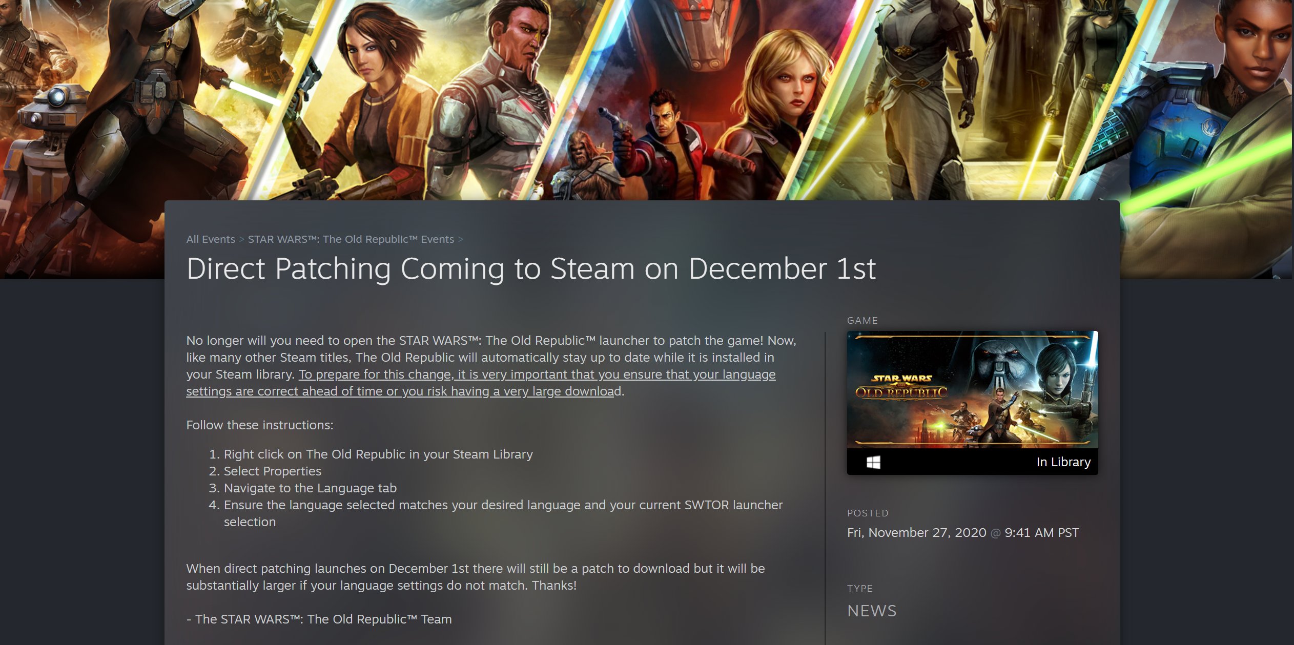 Swtorista on Twitter: "Good news for #SWTOR Steam players! Direct Patching is coming Steam on December "No longer will need to open launcher to patch the game! Now,