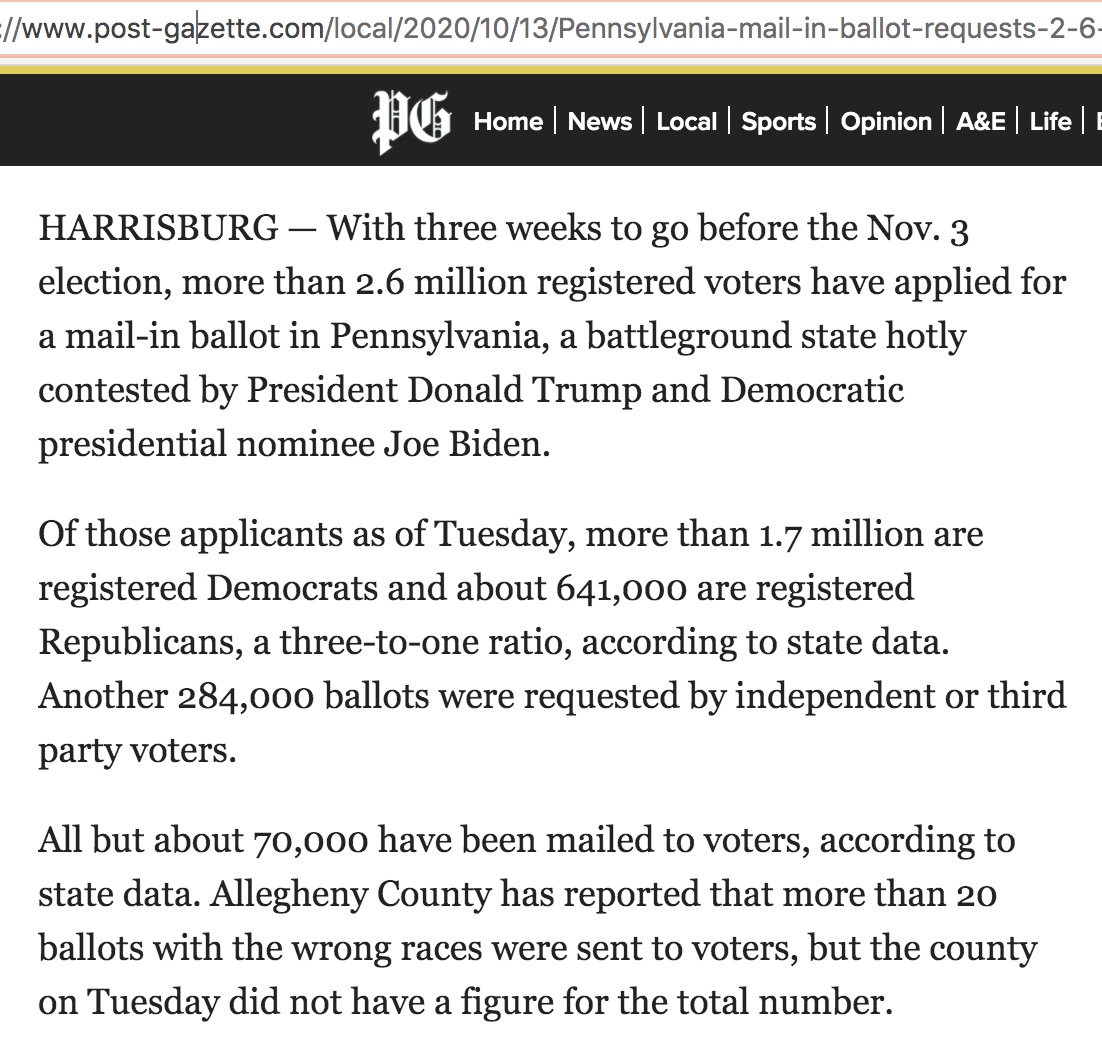 Giuliani: PA "sent out [...] 1,823,148 absentee or mail-in ballots" https://www.rev.com/blog/transcripts/pennsylvania-senate-republican-lawmaker-hearing-transcript-on-2020-election @ 31:10FALSEPA sent out ~2.5M mail-in ballots https://www.post-gazette.com/local/2020/10/13/Pennsylvania-mail-in-ballot-requests-2-6-million-registered-voters-PA-2020/stories/20201013015311/