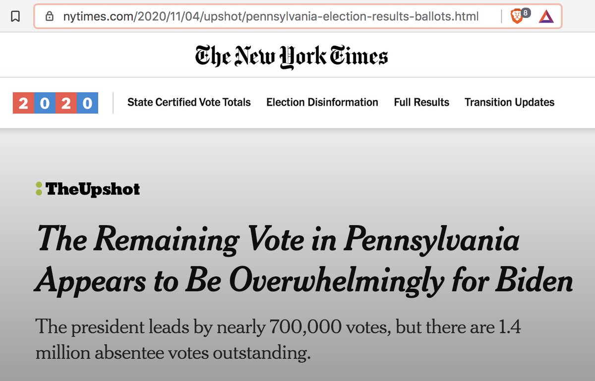 Giuliani: PA sent 1.8M mail-in ballots, rcvd 1.4M, President votes 2.5M, 700,000 too many https://www.rev.com/blog/transcripts/pennsylvania-senate-republican-lawmaker-hearing-transcript-on-2020-election @ 31:10MISLEADINGPA sent over 2.5M mail-in ballots, received 1.4M700,000 = Trump's lead before 1.4M mail-in ballots were counted https://www.nytimes.com/2020/11/04/upshot/pennsylvania-election-results-ballots.html12/