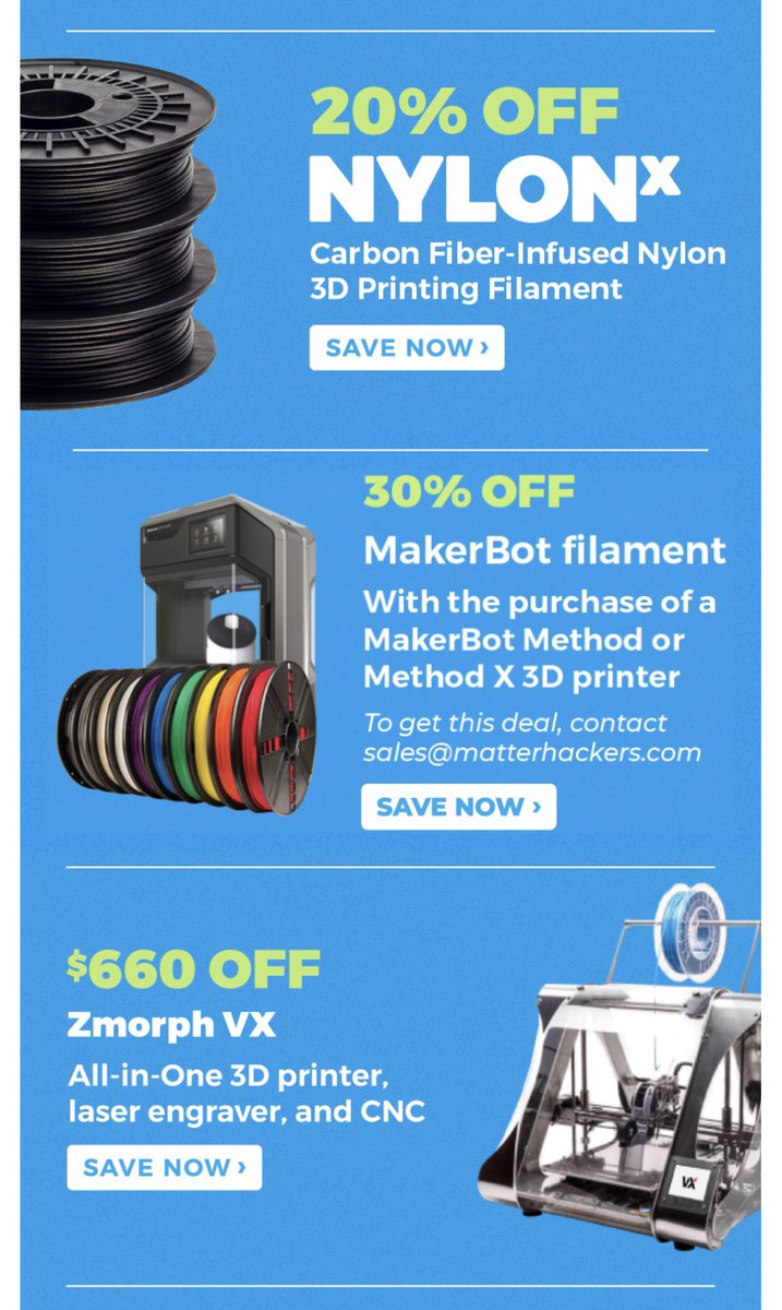 3DPGirl's tweet photo. 20% off @MatterHackers #NylonX, 30% off @makerbot filament, $660 off @ZMorph3d, $400 off @carbide3d, 15% off @SliceEngineer, $100 off @PulseDDD, 20% off @magigoo, 40% off @TheOlssonRuby, 5% off @E3DOnline, 15% off @CLP_Filament, $850 off @UniZ3D... https://t.co/66QTIYy5pl https://t.co/YTefii6hTz