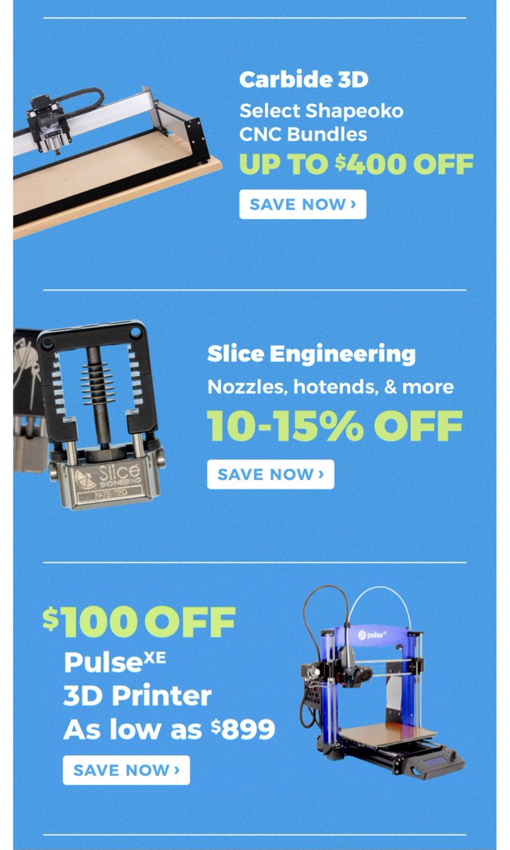 3DPGirl's tweet photo. 20% off @MatterHackers #NylonX, 30% off @makerbot filament, $660 off @ZMorph3d, $400 off @carbide3d, 15% off @SliceEngineer, $100 off @PulseDDD, 20% off @magigoo, 40% off @TheOlssonRuby, 5% off @E3DOnline, 15% off @CLP_Filament, $850 off @UniZ3D... https://t.co/66QTIYy5pl https://t.co/YTefii6hTz