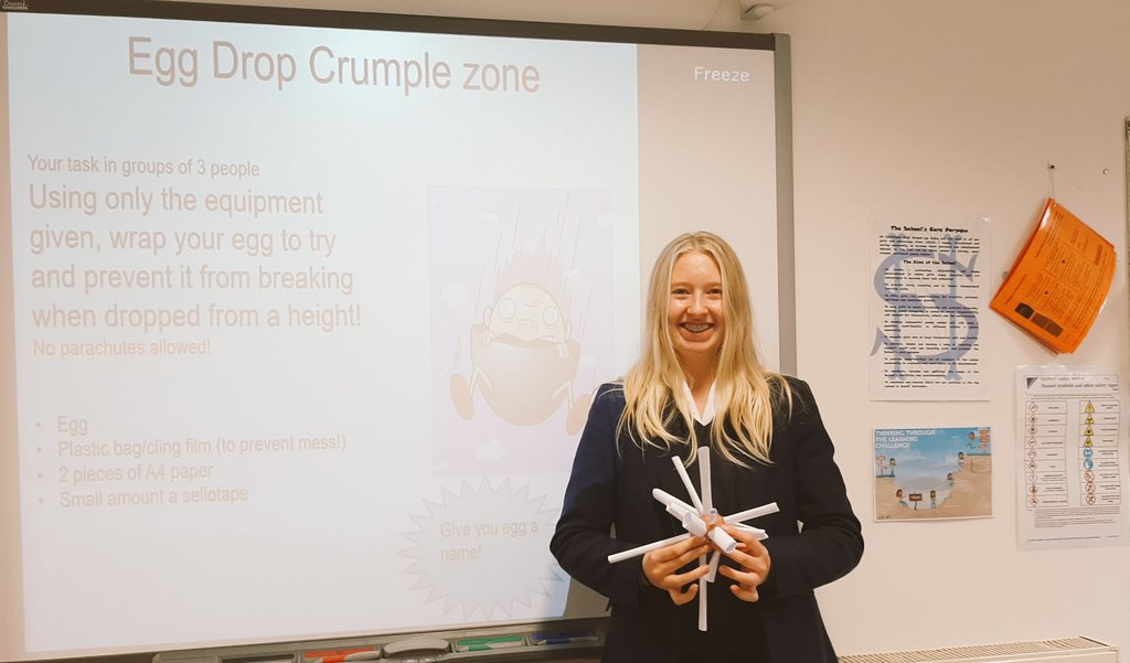 SHS_Sci's tweet photo. Year 10 Physicists investigating force and change in momentum. Having fun designing crumple zones for an egg drop experiment #crumplezone #eggdrop https://t.co/4pRyT1SikK