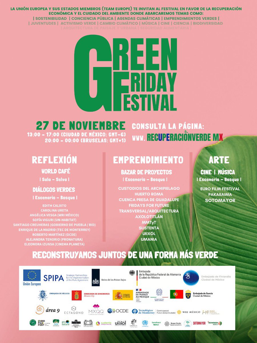 NLinMexico's tweet photo. Gracias a quienes siguieron el #ForoVerdeMX, de la @UEenMexico.
🌱🎵 Nuestro programa está lejos de terminar, seguimos ahora con el Green Friday Festival, donde tendremos arte, iniciativas verdes y música.
⏰De 1 a 5 pm
🖥 Síguelo en nuestro Facebook: https://t.co/cubL8GcyiM https://t.co/74h3YYoS7t