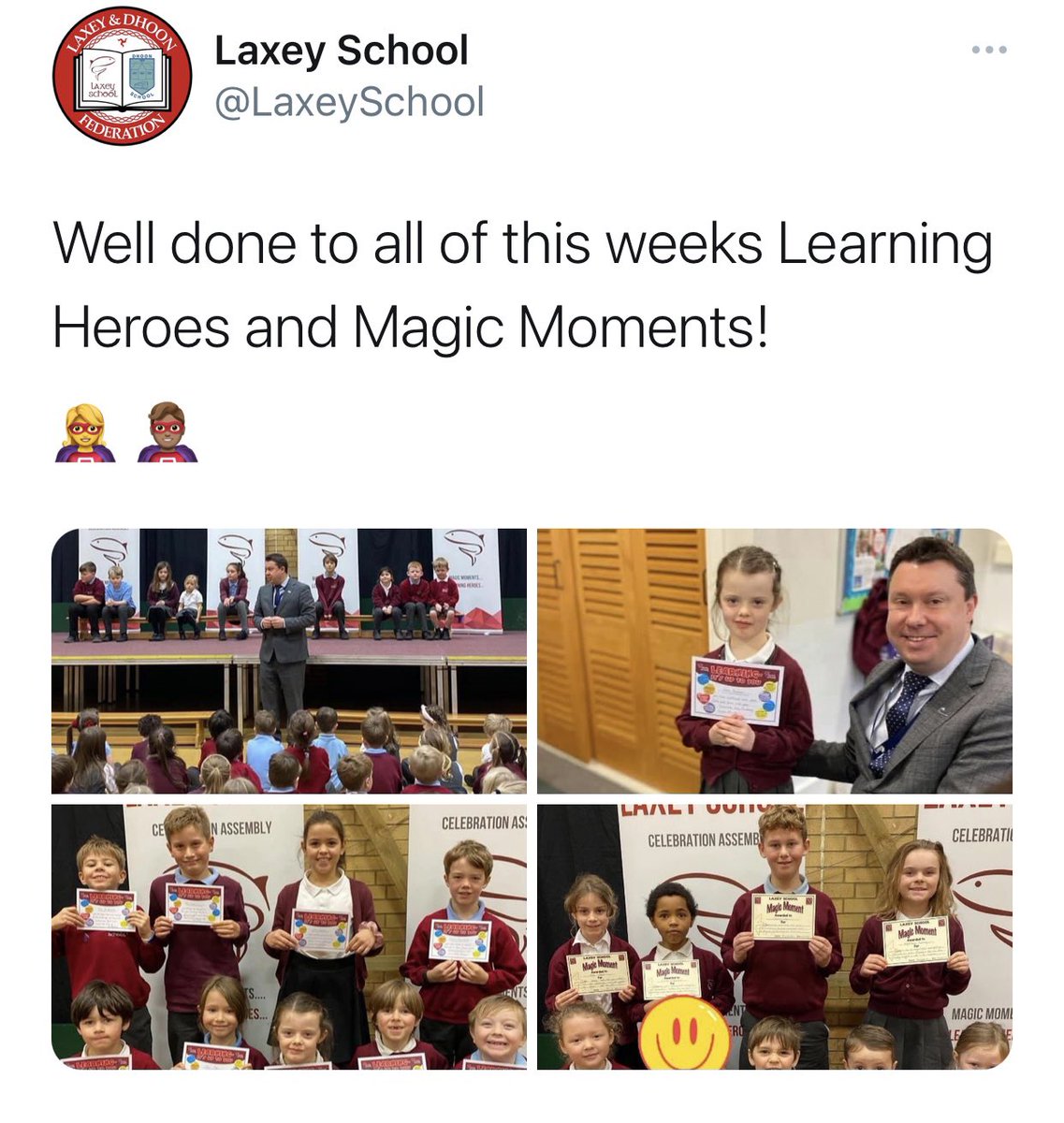 maximjkelly's tweet photo. So much #wonderful #learning to #celebrate across both schools this week - well done to all the #LearningHeroes #MagicMoments and #DhoonHighFive #Superstars ๐คฉ๐ฎ๐ฒ๐ https://t.co/zfoNXemFVK