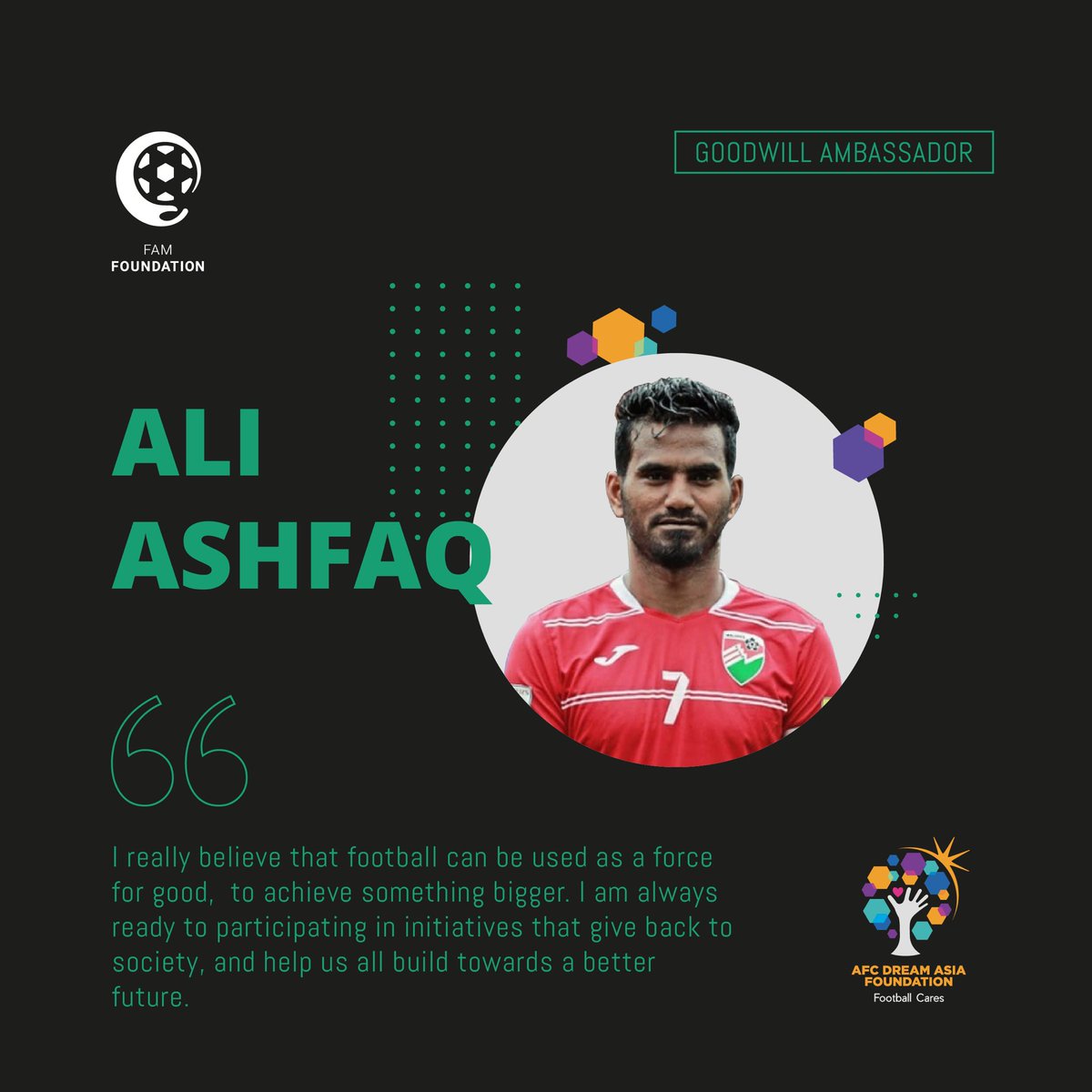 maldivesfacsr's tweet photo. Ali Ashfaq - Captain of National Team joins us as a #DreamTeam GoodWill Ambassador. 

#GoodWillAmbassadors #FAMFoundation #FootballCares #ForABetterFuture https://t.co/CnVdB1LbzR