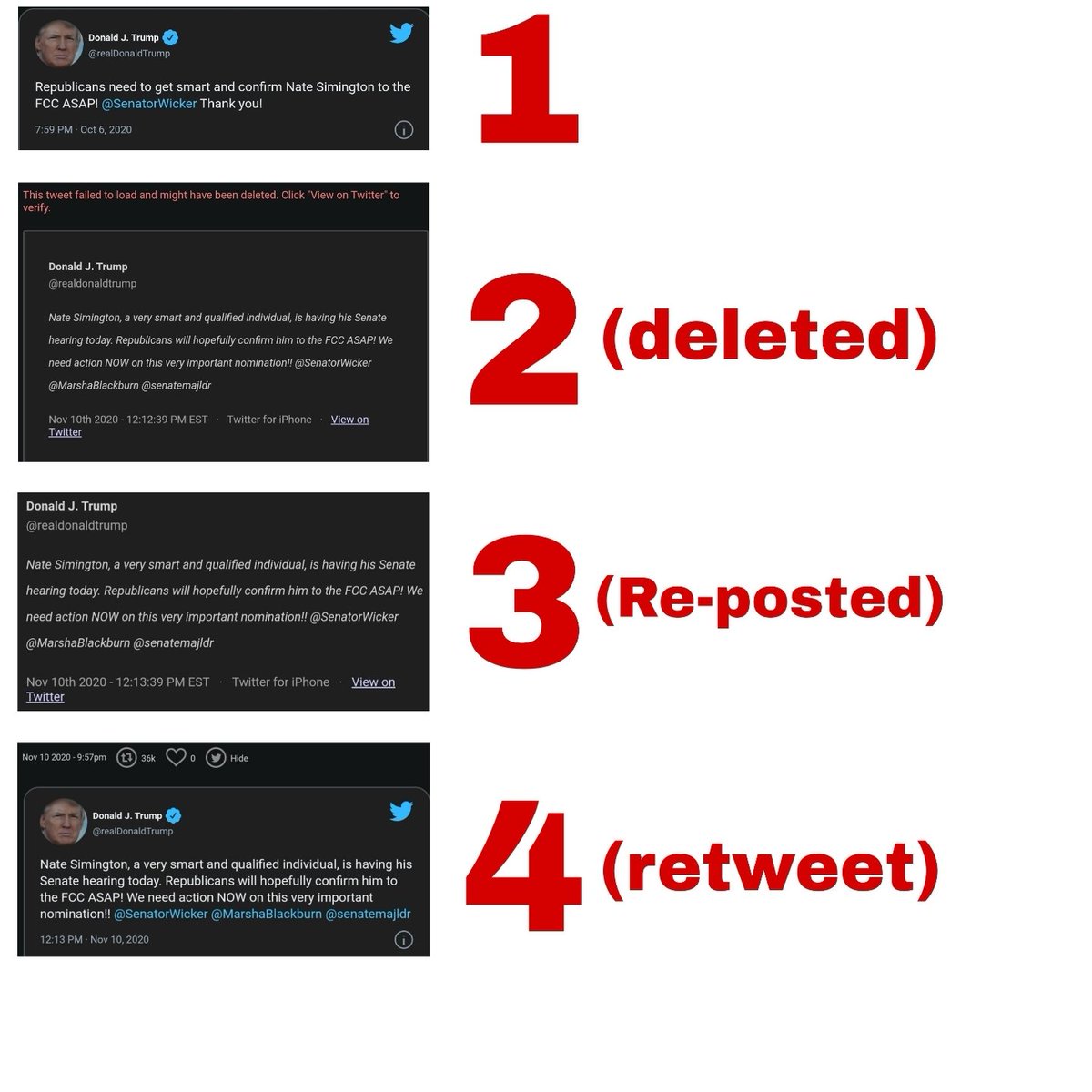 2/ DJT went out of his way to tweet about Nate 4x. The 1st was in Oct 2020. The second was deleted and the third was exactly like the second, word for word (no "errors") w/ an exact 1 min. delta b/w tweets. The fourth was a retweet of the third. REPEATS ARE IMPORTANT.