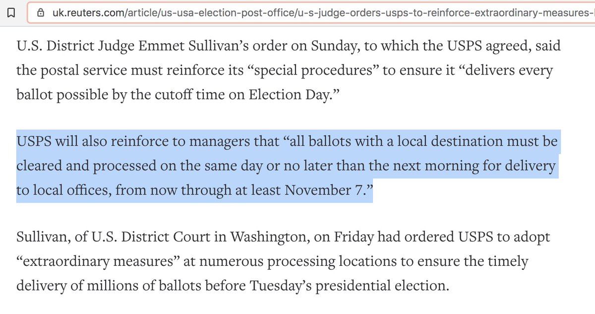 Giuliani: 22,686 PA mail-in ballots returned the day they were mailed https://www.rev.com/blog/transcripts/pennsylvania-senate-republican-lawmaker-hearing-transcript-on-2020-election @ 32:03POSSIBLEUSPS were instructed to try to process local ballots on the SAME DAY for delivery to the local election offices. https://uk.reuters.com/article/us-usa-election-post-office/u-s-judge-orders-usps-to-reinforce-extraordinary-measures-ballot-delivery-policy-idUSKBN27I05B14/