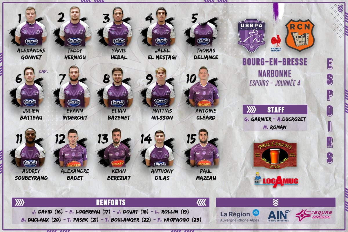 USBPA_Rugby's tweet photo. [COMPOSITION] 📌

🚨 Découvrez la composition des Espoirs pour affronter le @RCNarbonnais demain au stade de la Chagne à 16h00 !

#AllezViolets #Espoirs #USBPARCN https://t.co/nGaEvPFKYj
