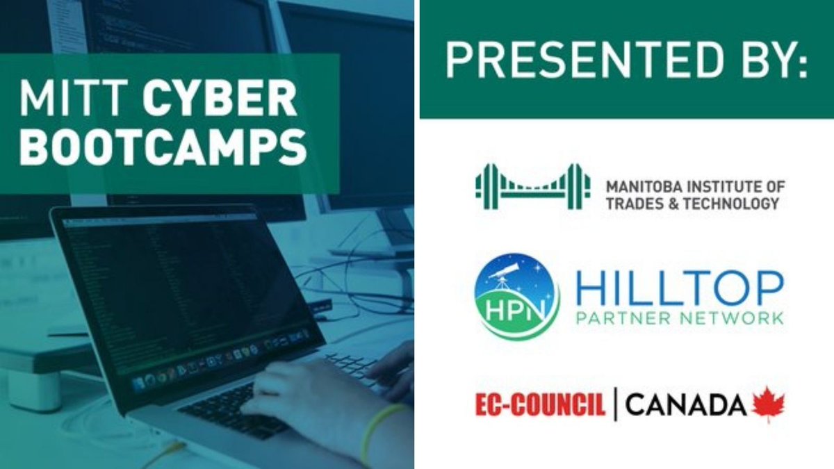 TechManitoba's tweet photo. @MITTcanada announced a partnership with @ECCOUNCIL and Hilltop Partner Network: Cyber Bootcamps. The certifications deliver specific skill sets in cyber security for professionals looking to start or advance their careers in this high-demand sector. Here https://t.co/tFHdOoSvhY https://t.co/xnCBQr3AL1