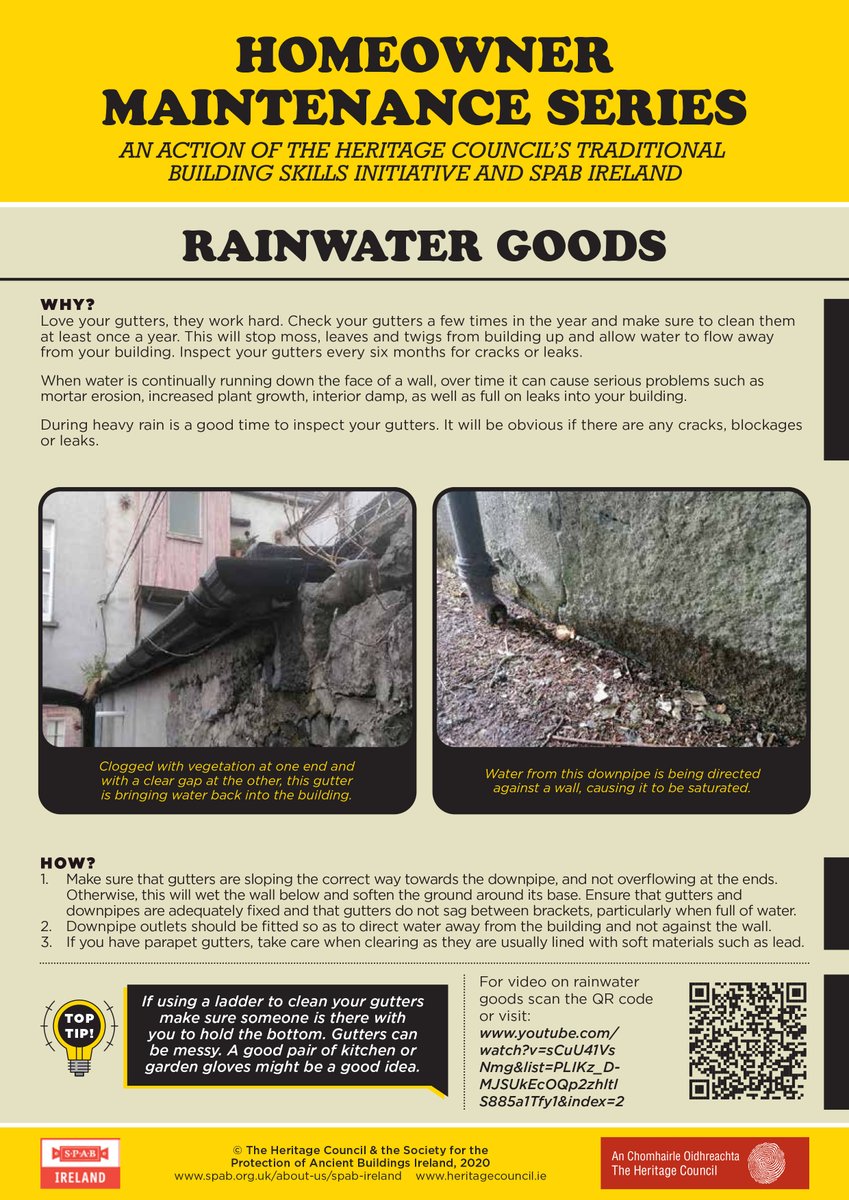 SPABIreland's tweet photo. All of today's top tips for #NationalGuttersDay are summarised on our new flyers in collaboration with @HeritageHubIRE. So if you get a chance this week, clear your gutters! That's a wrap on #IrishMaintenanceWeek 2020 - thanks for following &amp; apologies for clogging your feed! :) https://t.co/U3wiZngslV