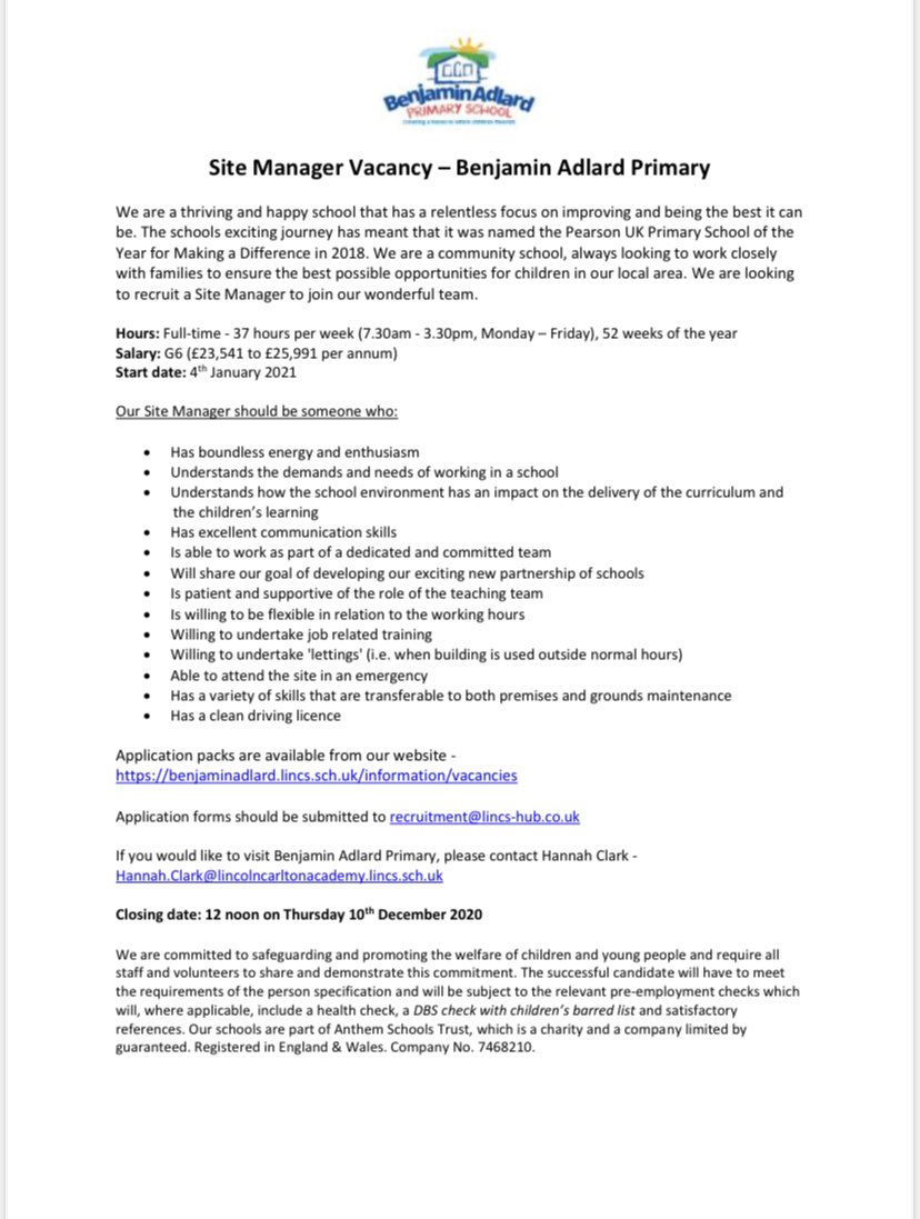 We are advertising for a site manager. Click on the link to find out more details benjaminadlard.lincs.sch.uk/information/va…