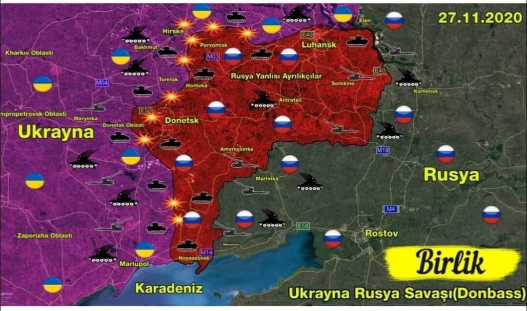 301arm's tweet photo. Turkish and Azerbaijani accounts have now shifted their attention to Donbass and are actively posting such maps in Turkish. It means that they believe that there will be military action, most porbably an Ukrainian offensive. https://t.co/ybbp3oWPST