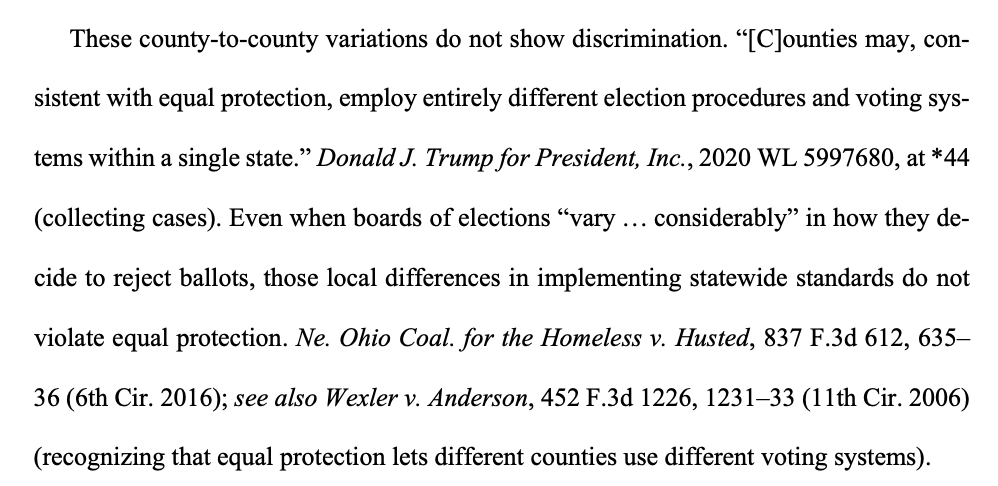 Third big problem: the complaint tries to make an equal protection claim, but never alleges that the Trump campaign was treated differently from the Biden campaign, only that different counties handled things differentlyBibas explains that's not enough