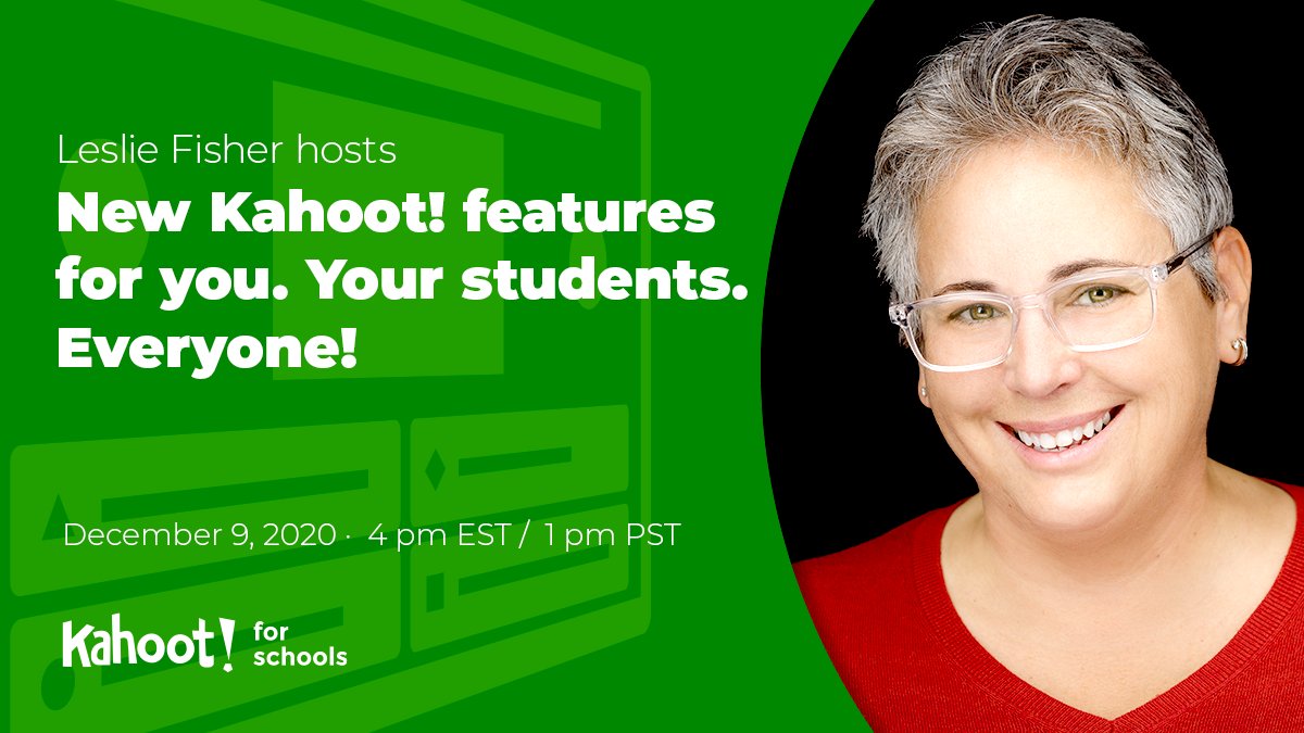 Kahoot's tweet photo. Our friend @LeslieFisher hosts:
New Kahoot! features for you.👇
🎓Your students.
Everyone! 🚀
Don’t miss her free Kahoot! webinar on December 9 ⬇️
https://t.co/JAKcqJK4Iw https://t.co/koNWcCyg0M