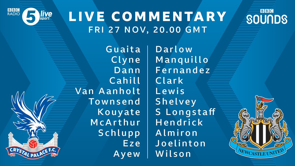 📋 TEAM NEWS Here's how #CRYNEW line-up 👀 🦅 Zaha misses out for #CPFC ⚫️⚪️ Wilson returns for #NUFC Listen live on @BBCSounds ⚽️📻: bbc.co.uk/5live #bbcfootball