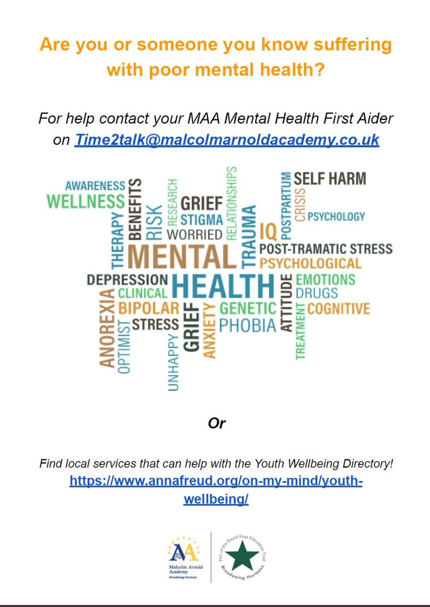 HealthMaa's tweet image. Pick up a slip or email time2talk@malcolmarnoldacademy.co.uk if you would like extra support for yourself or a friend @MAA_DRET