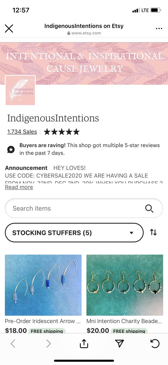 Shop Black-Native owned jewelry story Indigenous Intentions with her Cyber sale 20% off when you buy 2 items CYBERSALE2020 • 10% proceeds go to MMIWUSA  https://www.etsy.com/shop/IndigenousIntentions?ref=simple-shop-header-name&listing_id=907403117&section_id=31321274