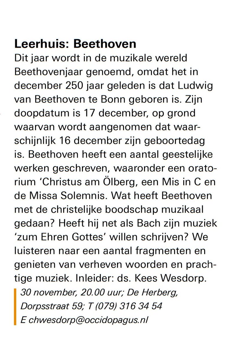 A.s. maandagavond 30 november 2020 leerhuis over #Beethoven in de Oude Kerk in #Zoetermeer. Aanvang 20.00 uur, Dorpsstraat 59.