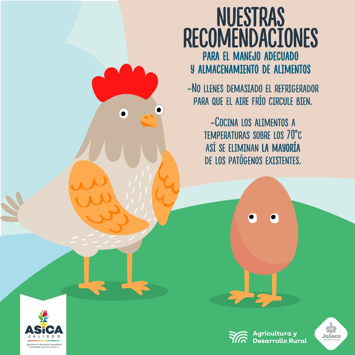 Te invitamos a seguir estas sencillas recomendaciones de manejo y almacenamiento higiénico de los alimentos. #ASICAJalisco #InocuidadJalisco #ASICA #Sanidad #Alimentos #Calidad #FAO https://t.co/AUV5hVmNg0