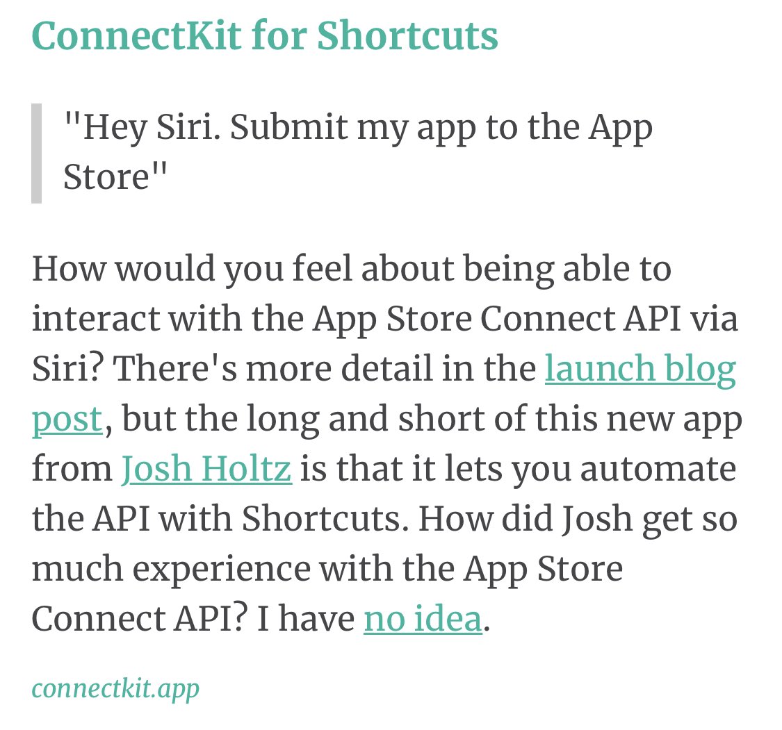 Oh goodness, <a href="/ConnectKitApp/">ConnectKit for iOS/macOS</a> is also on <a href="/iOSDevWeekly/">iOS Dev Weekly</a> 🤯 

Thanks so much, @daveverwer! 🥰

I also wonder where I got the App Store Connect API experience from 😉