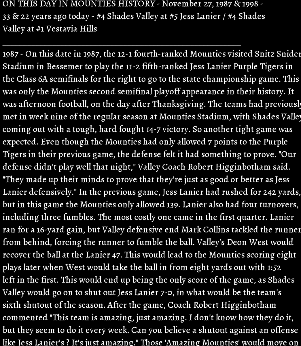 svmounties's tweet photo. ON THIS DAY IN MOUNTIES HISTORY - November 27, 1987 - 33 years ago today - #4 Shades Valley at #5 Jess Lanier / November 27, 1998 - 22 years ago today - #4 Shades Valley at #1 Vestavia Hills #100SeasonsofMountieFootball
#GoMounties ๐ดโซ (1/2) https://t.co/aJE0cgYPzZ