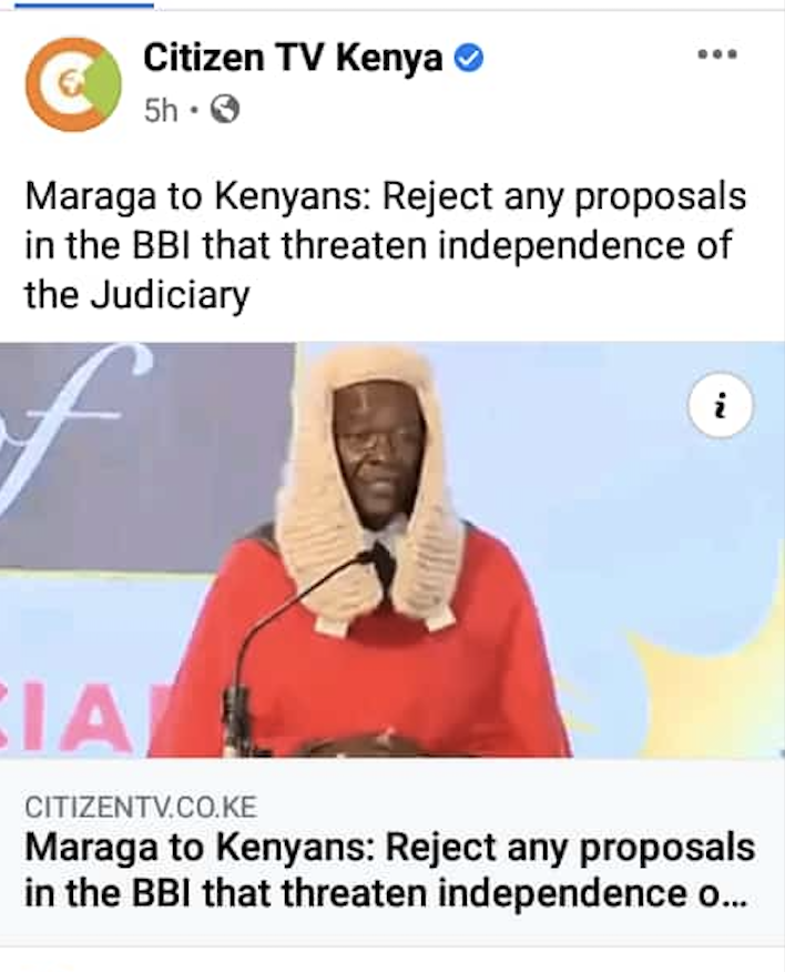 MigunaMiguna's tweet photo. CJ @dkmaraga to Kenyans: "Reject any proposals in the BBI that threaten independence of the Judiciary." 

Maraga Mobimba! 

The entire #BBIFraud must be rejected because it creates and wants to IMPOSE AN IMPERIAL PRESIDENT on Kenyans.

#RejectBBI https://t.co/2wuNS195Of
