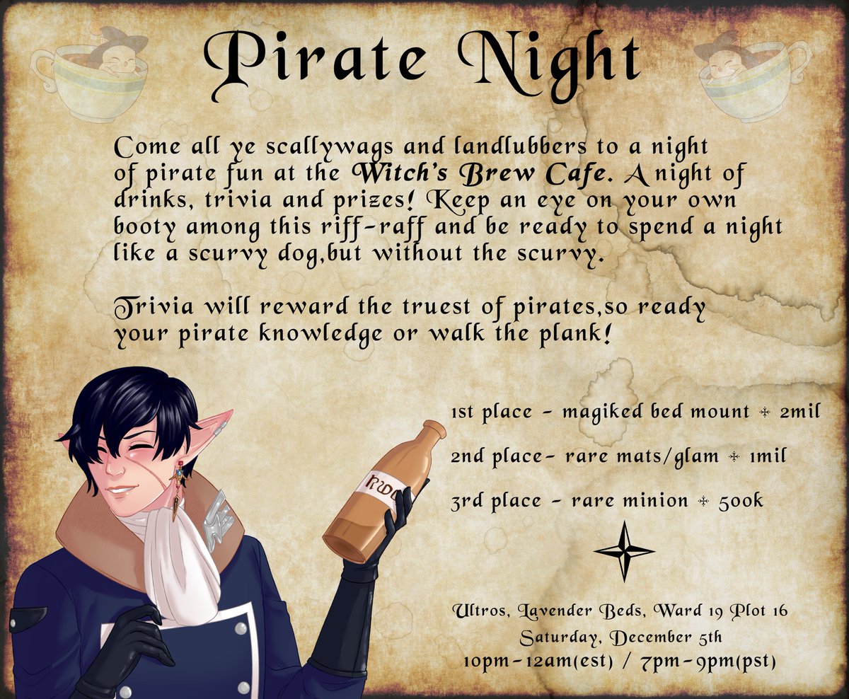 WitchsBrewFFXIV's tweet photo. Yar! C'ye ther!☠️

Art (c) @WitchyElezen 

#ffxiv #fcevent #freecompany #witchsbrewcrew #piratenight #giveaway #FinalFantasyXIV https://t.co/lOA70wS0NB