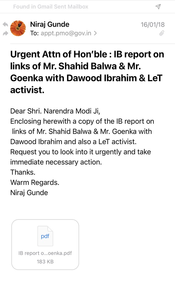 Dear @PMOIndia Shri @narendramodi , Below is my complaint about the Indian Intel Report about Goenka & Balwa link with Dawood Ibrahim & LeT Activist sent to you in 2018. Any investigation done ? NSA Dhoval has all details when he was with IB. @AmitShah @HMOIndia https://t.co/AgQ4bfY0Xp