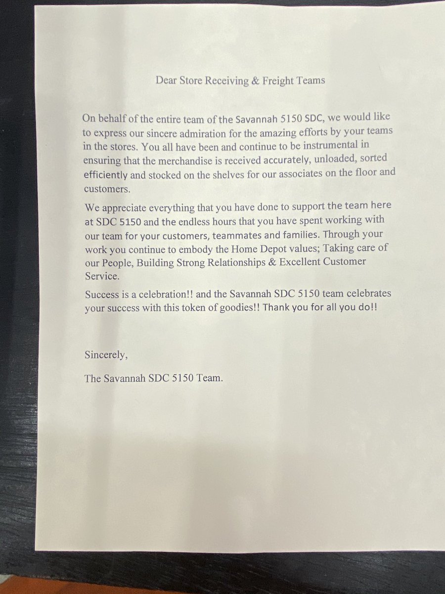 TimScalia's tweet photo. What a great surprise from @SDC5150! We are so grateful for the quality shipments and timely drivers helping deliver product to drive sales! We would love to let you know we are extremely grateful and happy to call you partners. Keep up the great work! @HomeDepot6374 https://t.co/dBfTVKr1m0
