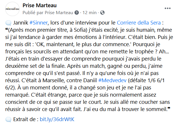 🗨️ Jannik Sinner, pour le @Corriere : ❝ Après un match, gagné ou perdu, j'aime comprendre ce qu'il s'est passé. Il n'y a qu'une fois où je n'ai pas réussi. C'était à Marseille, contre Daniil Medvedev. (...) Je suis allé me coucher sans trouver. J'ai eu du mal à dormir.❞ #Tennis https://t.co/lMc9MRhYUF