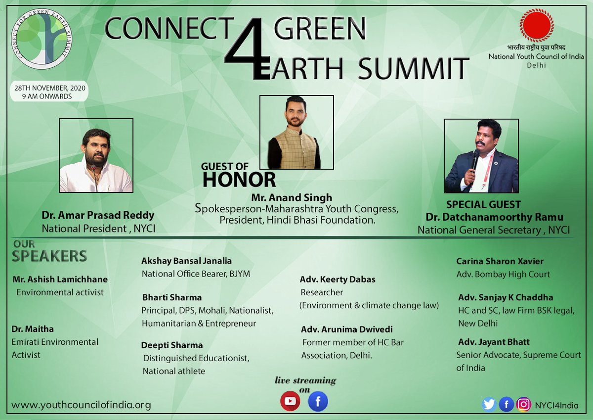 DelhiNyci's tweet photo. National Youth Council of India, invites you at 
Connect 4 Green Earth Summit 🍀

November 28 2020

9 AM onwards
Facebook live/nyci4india

An initiative to bring a positive outlook for a healthy environment.

@Divyanshimehta_
@amarprasadreddy
@NYCI4India 
@iamdatchana https://t.co/uaI5HaPwdp