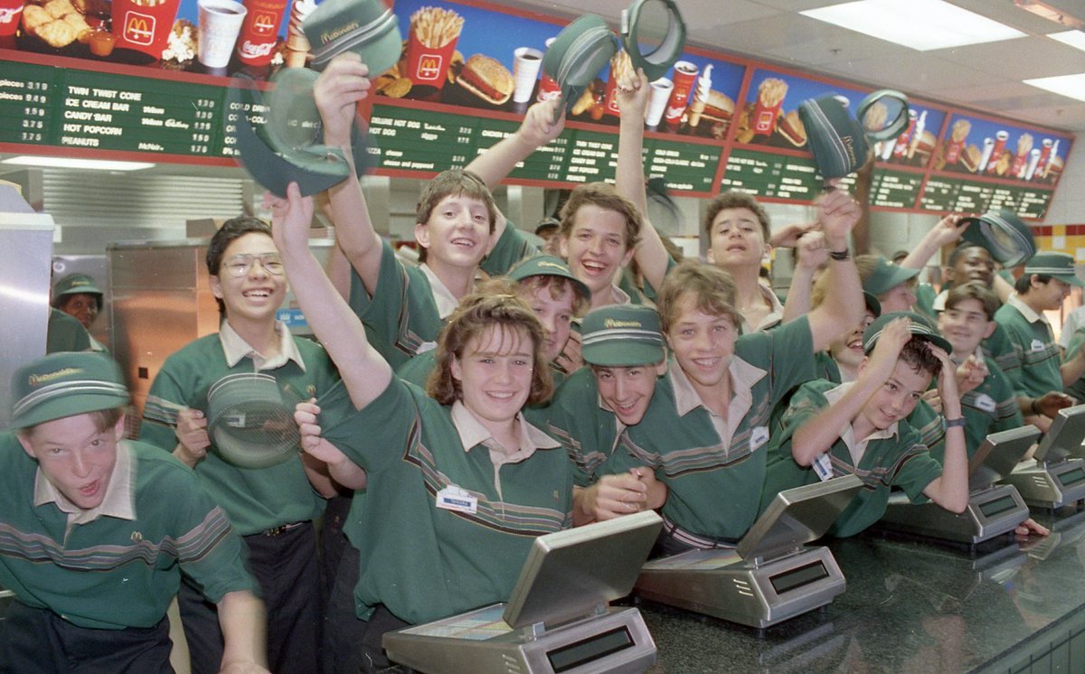 At one point a mustard machine exploded, showering bystanders."We're so sorry, so sorry, " crooned the mop-up team of McDonald's youngsters.