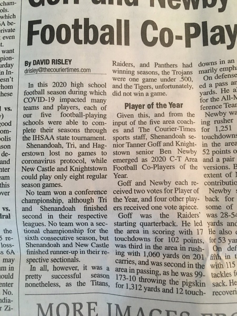 Congratulations to Cole Hughes, <a href="/br3surf/">Blake Surface</a>, Justin Hummel, <a href="/jfarmer52/">Josh Farmer</a>, Tristen Bertram, @GedekZack , <a href="/DakotaDaBoata/">Dakota white</a> , and Landen Redick for making the Courier Times All-Area team! Well deserved men! Congratulations to QB1 <a href="/Tanner_Goff/">Tanner</a> for being named Co-Player of the year! #studs