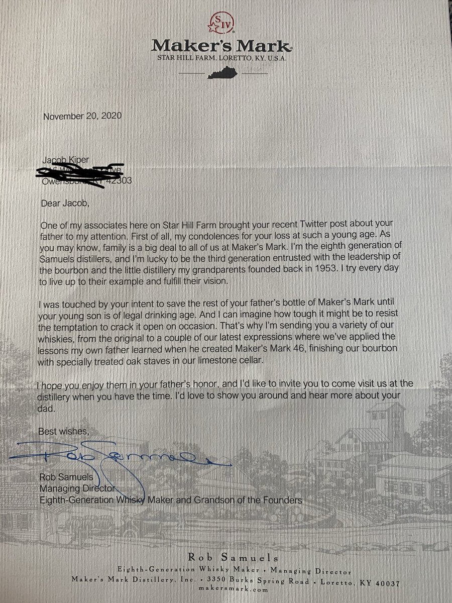 On 11/14/20... I shared my story about my dad’s last bottle of bourbon that he opened before cancer took him in ‘92 when I was 10 yr old.  The bottle was Maker’s Mark.  I am extremely humbled to receive this letter in the mail today from Rob Samuels.  Extremely humbled.