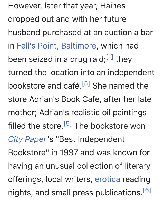 One incredible footnotes to all this is that Haines once owned an indy bookstore in Baltimore that supported small presses. 9/