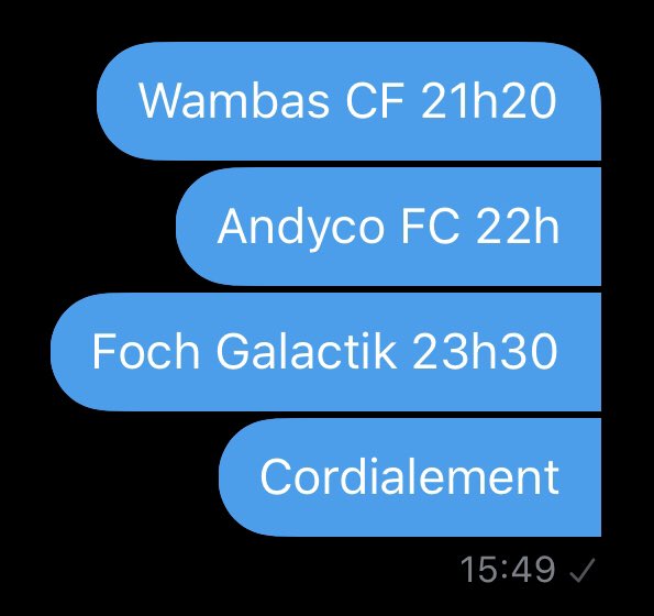 JOUUUUR DE MATCH !

Notre équipe affrontera ce soir <a href="/FcWambas/">0SkillFc</a> , <a href="/AndycoFC/">Andyco FC</a> , <a href="/FochGalactik/">Foch Galactik</a> !