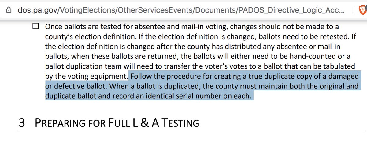Kweder: mail-in ballots that were damaged and couldn’t be read by scanners were duplicated https://rev.com/blog/transcripts/pennsylvania-senate-republican-lawmaker-hearing-transcript-on-2020-election @ 40:26TRUEEnshrined in PA law: https://legis.state.pa.us/WU01/LI/LI/US/PDF/1937/0/0320..PDFReferred to in PA's Directive on Logic & Accuracy testing: https://dos.pa.gov/VotingElections/OtherServicesEvents/Documents/PADOS_Directive_Logic_Accuracy.pdf19/