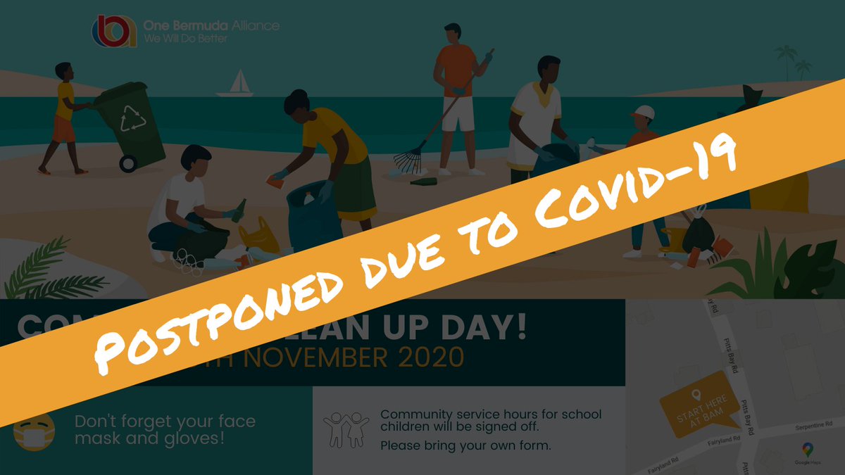 1bermudalliance's tweet photo. With the increase in transmission of COVID-19 locally and to help to support the ongoing efforts to reduce the spread of the disease, out of an abundance of caution, the OBA has determined that it should postpone the Nov. 28 community clean up for a future date. https://t.co/vvjdUx517j