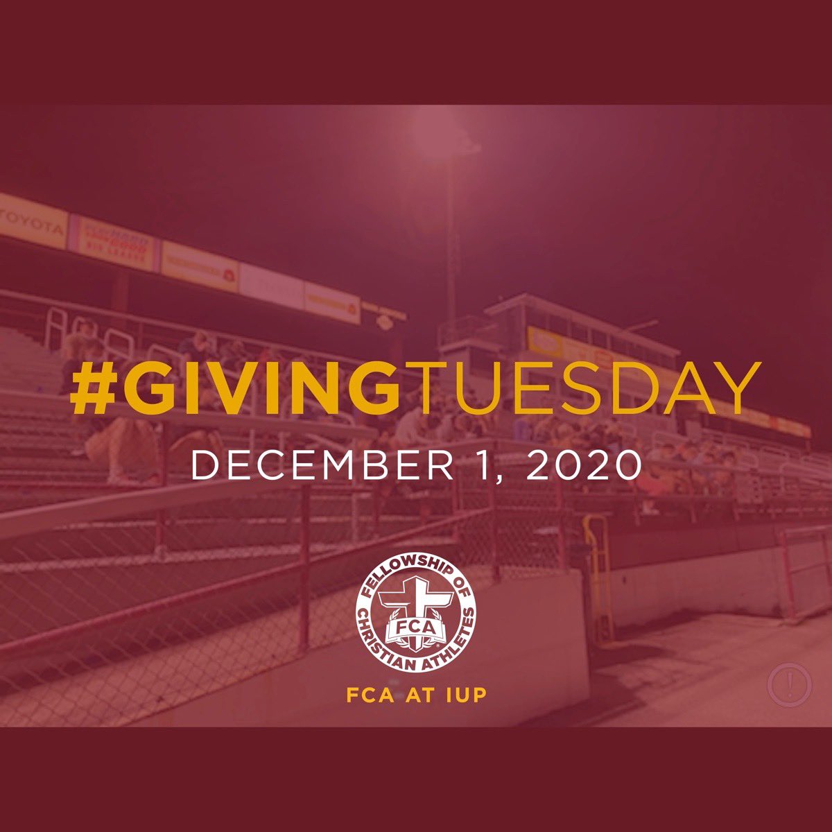 At FCA@IUP, we rely on gifts from our generous donors to help us carry out our mission and share God’s love. 
On Giving Tuesday every gift made, up to $3000, will be matched by our FCA Board.
Would you take the next few days to pray about what God would have you give?