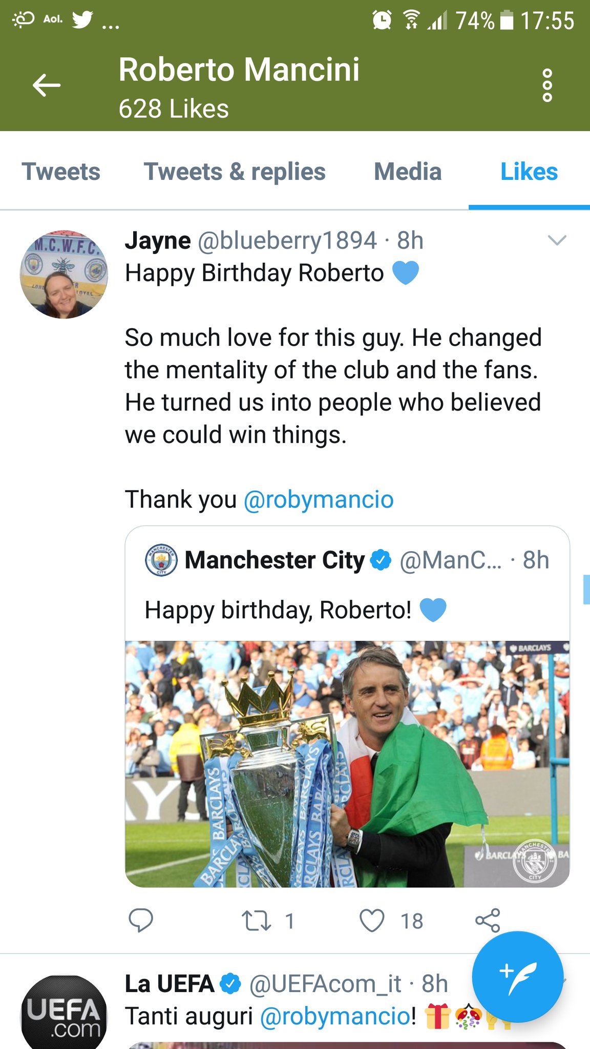 My life is complete........Roberto Mancini liked my message wishing him a happy birthday   