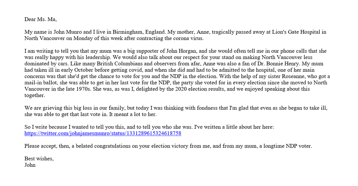 This note about #NorthVan resident Anne Munro has simultaneously broken my heart while lifting my soul. Her dedication to voting in her final days is incredible. The pandemic has taken so many loved ones from us in so many ways. I wish I had known her before she passed.