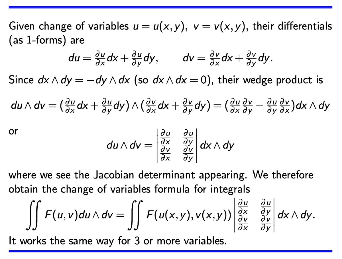 Sam Walters On Twitter If We Treat The Infinitesimals Dx Dy As Differential 1 Forms With Wedge Products We Can Quickly Obtain The Change Of Variables Formula For Multiple Integrals As