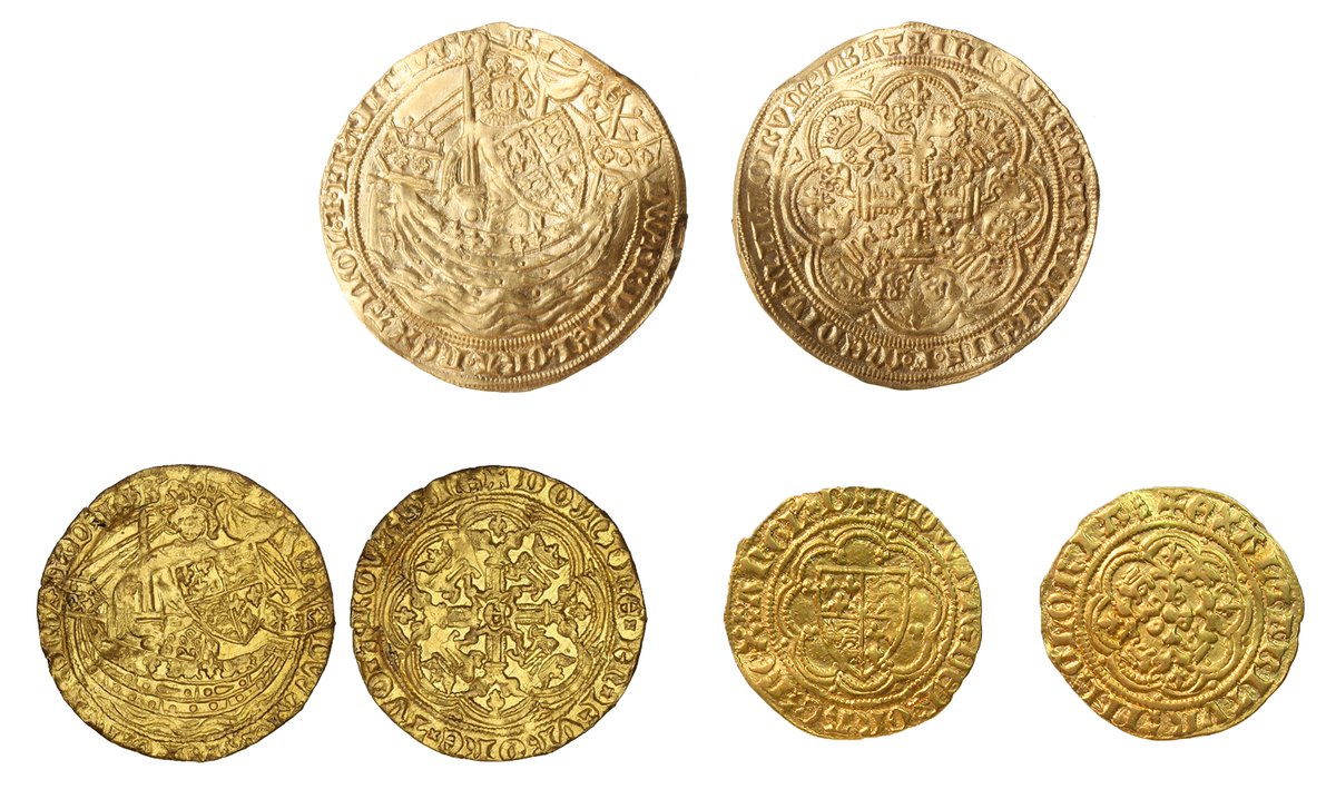 Its all gold on day 18 of #21days21coins. From the 8th century til the reign of Edward I denomination other than pennies was very rare and gold until Edward III nigh on unheard of. Edward III introduced the noble, as well as quarter + half fractions. 1/2

#coins
#MedievalCoins